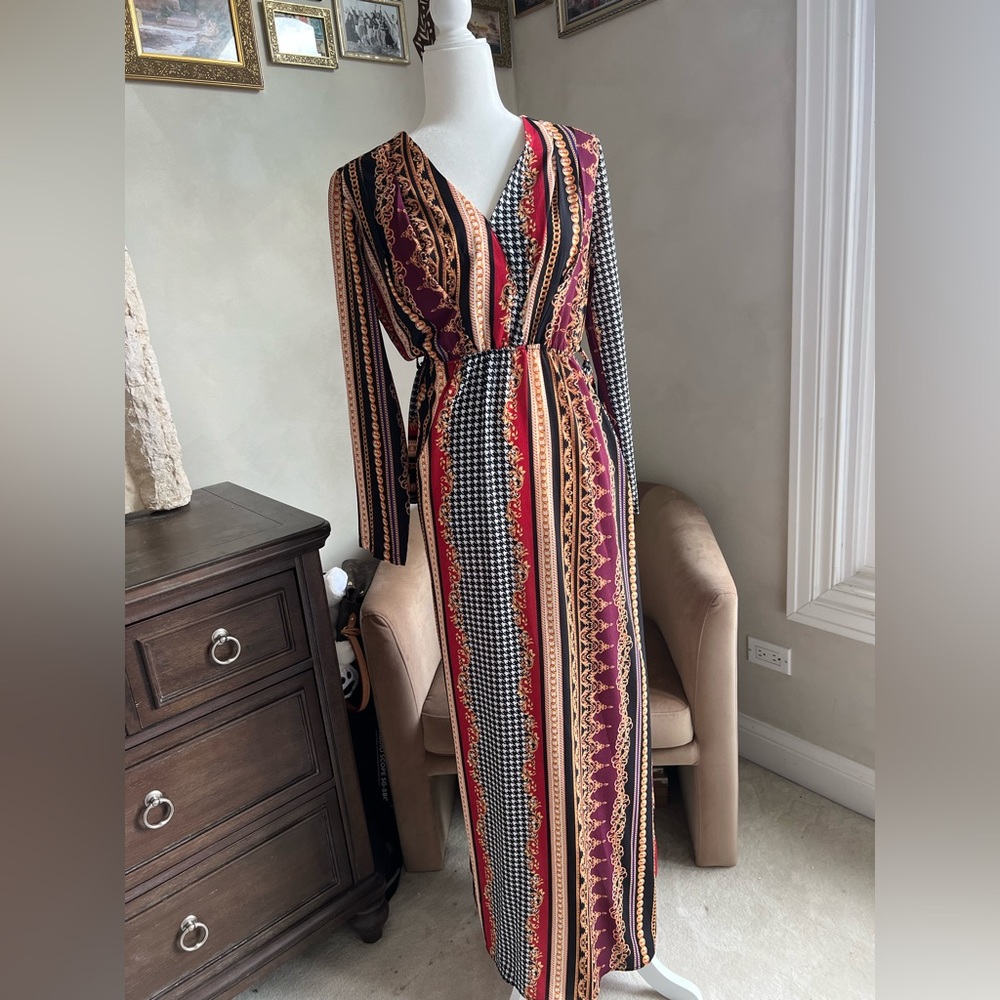 Cinched patterned maxi dress with belt